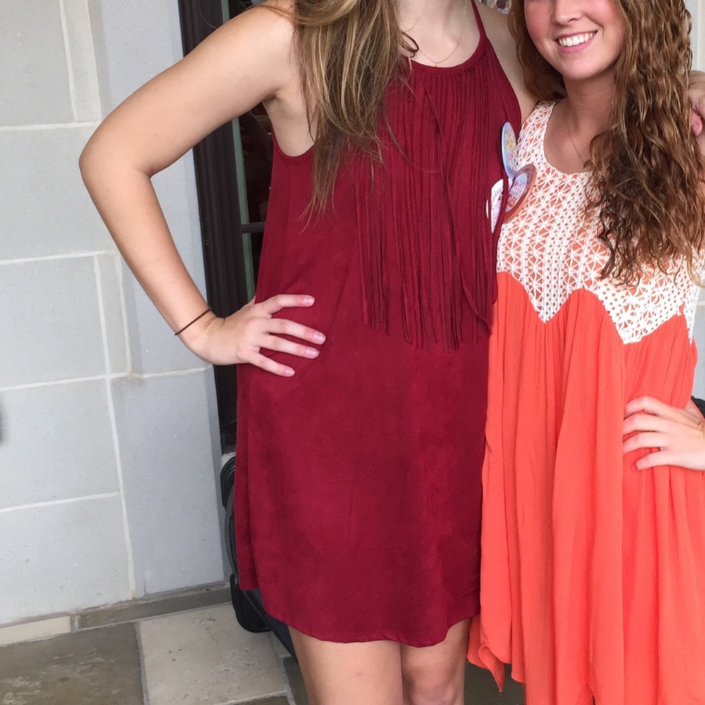 Comfy Suede-like Crimson Dress with Fringe Medium